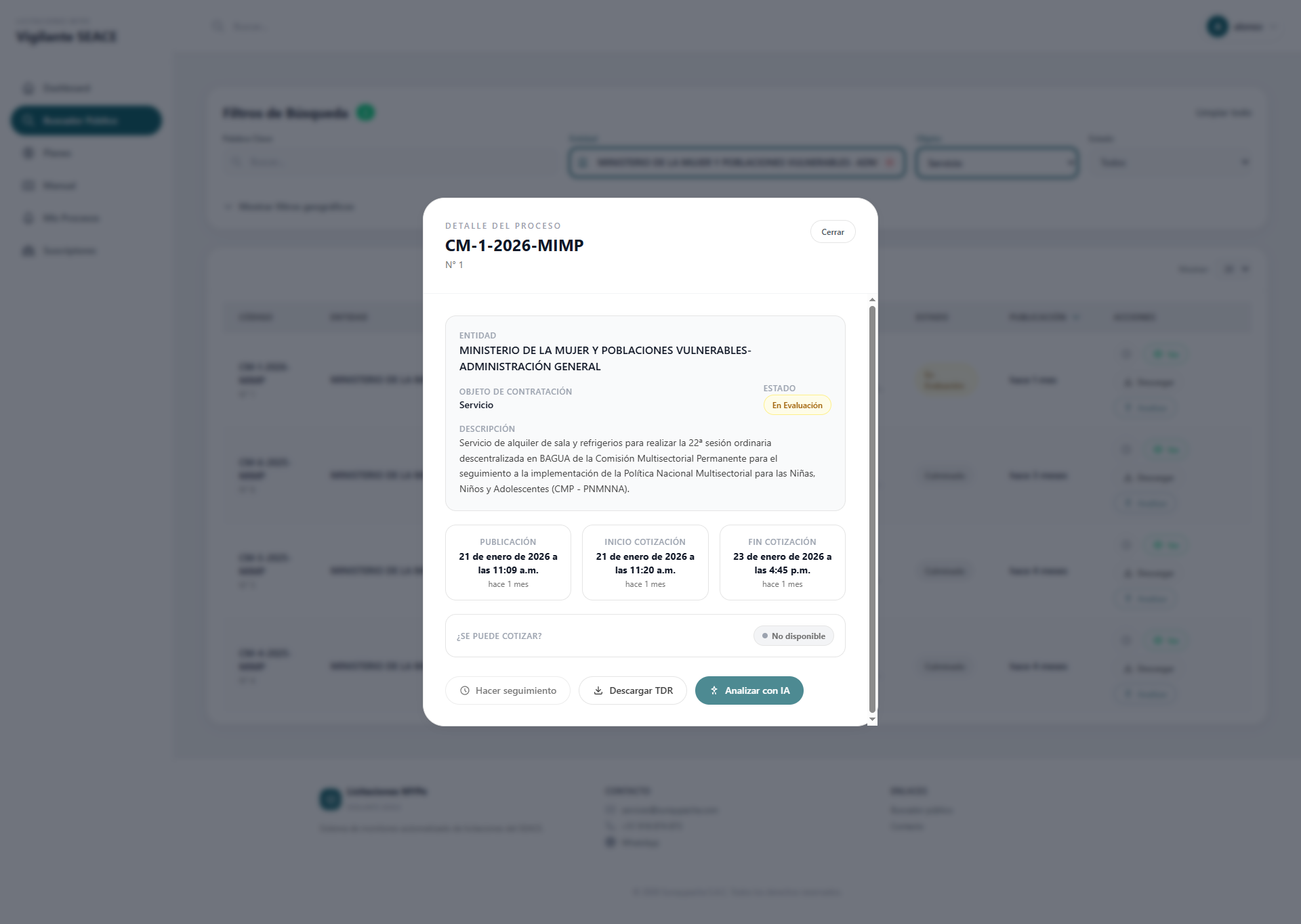Detalle de un proceso con acciones disponibles