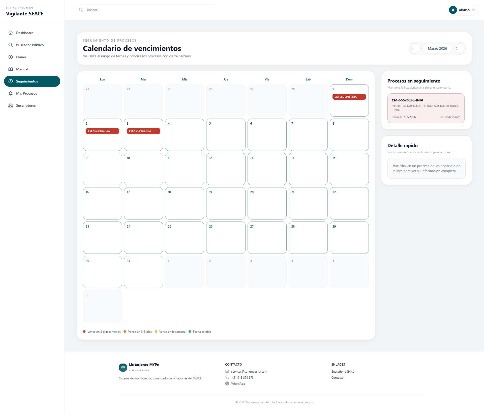 Calendario de seguimientos con indicadores de urgencia